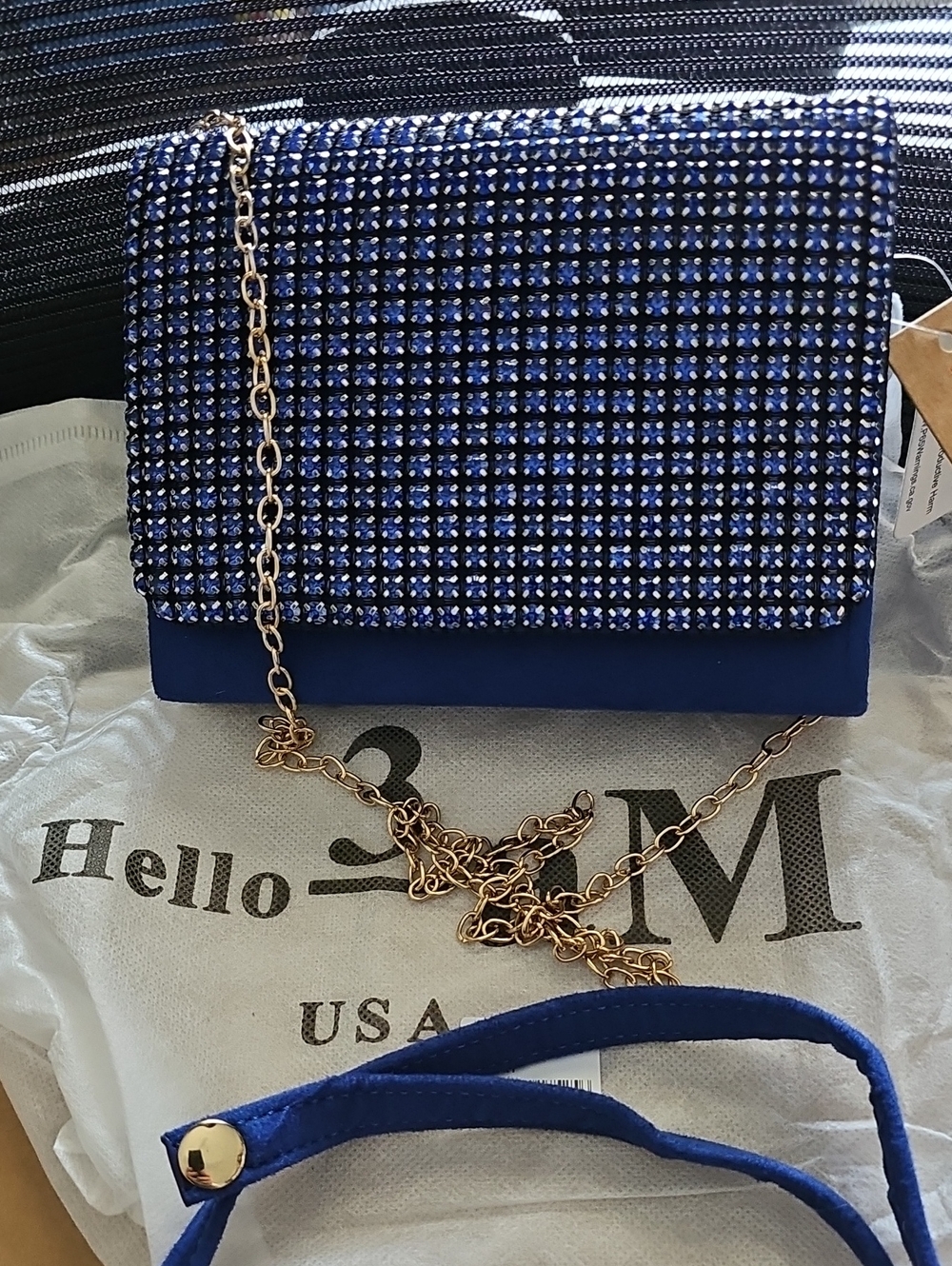 Blue Crystal-Embellished Evening Crossbody Bag